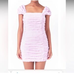 Endless Rose Pink Ruched Mesh Cap Sleeve Mini Dress NWT M Saks fifth avenue
